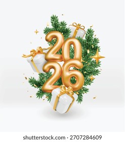 2026 texto dorado rodeado de cajas de regalo blancas y destellos y ramas de pino de Navidad. Ventas y regalos del año Nuevo, marketing de Navidades, diseño de promociones de vacaciones.