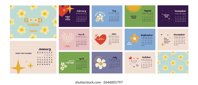 2026 groove good vibes calendar with motivation messages and flowers hearts and stars illustration symbols vibrant colors for each month.