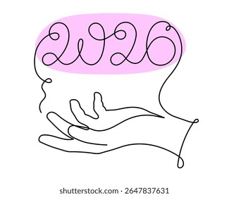  2026 e mão uma arte de linha, mão desenhado contorno contínuo. Ano de conceito de férias do cavalo, texto de caligrafia festivo de Ano Novo, design minimalista. Traçado editável. Isolado. Ilustração vetorial