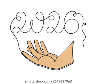  2026 and hand one line art, hand drawn continuous contour. Holiday concept year of the horse, festive New year handwriting text, minimalist design. Editable stroke. Isolated. Vector illustration