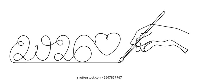  2026 e mão uma arte de linha, mão desenhado contorno contínuo. Ano de conceito de férias do cavalo, texto de caligrafia festivo de Ano Novo, design minimalista. Traçado editável. Isolado. Ilustração vetorial
