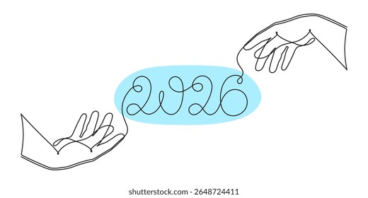 2026 e mão uma arte de linha, mão desenhado contorno contínuo. Ano de conceito de férias do cavalo, texto de caligrafia festivo de Ano Novo, design minimalista. Traçado editável. Isolado. Ilustração vetorial
