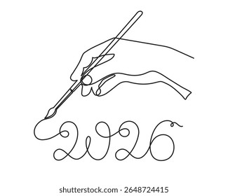  2026 e mão uma arte de linha, mão desenhado contorno contínuo. Ano de conceito de férias do cavalo, texto de caligrafia festivo de Ano Novo, design minimalista. Traçado editável. Isolado. Ilustração vetorial