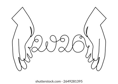  2026 e mão uma arte de linha, mão desenhado contorno contínuo. Ano de conceito de férias do cavalo, texto de caligrafia festivo de Ano Novo, design minimalista. Traçado editável. Isolado. Ilustração vetorial