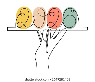  2026 e mão uma arte de linha, mão desenhado contorno contínuo. Ano de conceito de férias do cavalo, texto de caligrafia festivo de Ano Novo, design minimalista. Traçado editável. Isolado. Ilustração vetorial