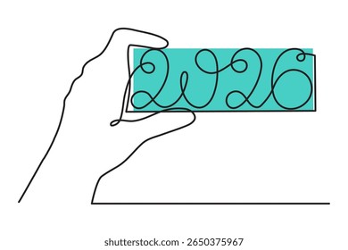  2026 e mão uma arte de linha, mão desenhado contorno contínuo. Ano de conceito de férias do cavalo, texto de caligrafia festivo de Ano Novo, design minimalista. Traçado editável. Isolado. Ilustração vetorial