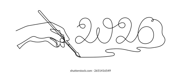  2026 and hand one line art, hand drawn continuous contour. Holiday concept year of the horse, festive New year handwriting text, minimalist design. Editable stroke. Isolated. Vector illustration