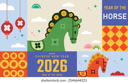 2026 Happy Chinese new year postcard 2026 Year of horse. Symbol of Chinese New Year. 2026 horse symbol of the new year, banner, poster, card template, 2026 CNY, greeting card, social media post