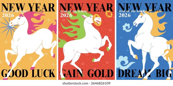 2026 Happy Chinese New Year, Year of the Horse Poster set, flat style, Modern Design for Card, Postcard, Greeting Card, Poster and Flyer Template