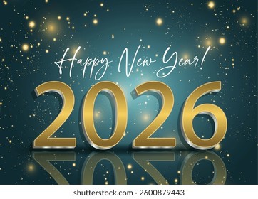 2026 Happy New Year background design featuring shiny golden lettering on a blue backdrop. A luxurious and festive template.