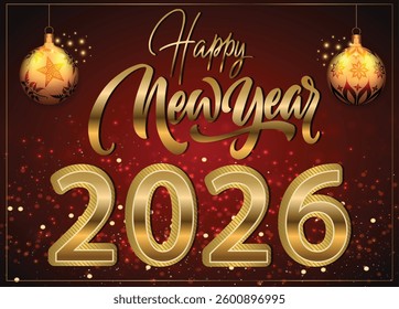 2026 Happy New Year background design featuring shimmering golden text on a red backdrop.
