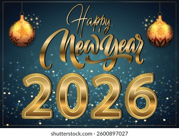 2026 Happy New Year background design featuring shimmering golden text on a blue backdrop.