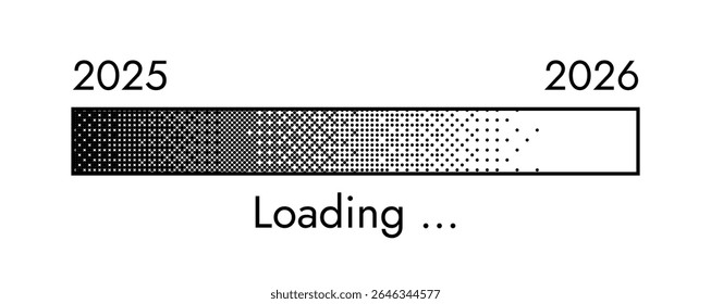 2026 Happy New Year Background. Loading bar in retro video game style pixelated bitmap texture background. Vector illustration template for banner, invitation, flyer, greeting card, calendar cover.
