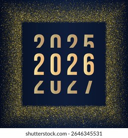 2026 Happy New Year Background. Golden frame of flowing dots particles and 2026 text on dark blue background. Vector Illustration for New Year 2026 greeting card, banner, poster, flyer festive design.