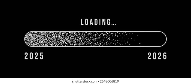 2026 Happy New Year Background. Loading bar with flowing silver dots particles on black background . Vector Illustration for New Year 2026 greeting card, banner, poster, flyer festive design.

