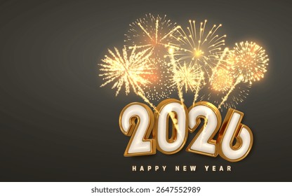 2026 Happy New Year Celebration With Golden Fireworks, 3D Glossy Numbers, and Elegant Dark Background for Festive Design and Greeting Cards. Vector Illustration.