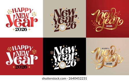 2026 happy new year clipart background set. New year holiday text, greeting , calligraphy and typography for calendar, poster, banner and flyers collection vector illustration. 
