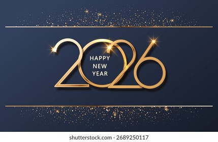 2026 Frohes neues Jahr Uhr Countdown Design Vorlage. Goldener Glitter, der im Licht scheint, mit funkelnden abstrakten Feiern.