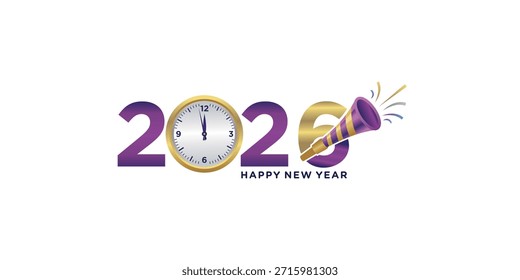 2026 Happy New Year clock countdown. Festive clock and trumpet vector illustration. Merry holiday poster or wallpaper design.