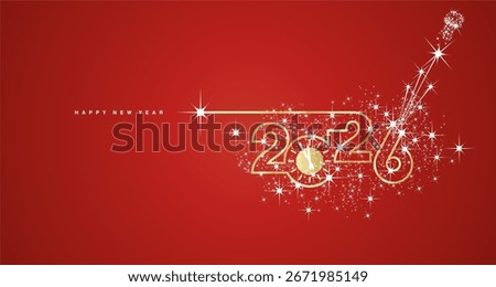 2026 Happy New Year. Clock countdown. 2026 in the form of a line design with champagne cork with shining sparkle firework golden white red banner vector