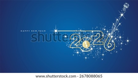 2026 Happy New Year. Clock countdown. 2026 in the form of a line design with champagne cork with shining sparkle firework golden white blue banner vector