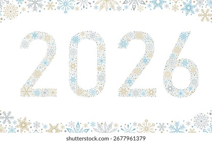 2026 Happy New Year. The year 2026 composed of intricate snowflakes surrounded by a decorative border. Holiday banner design for greeting card, invitation, calendar, or as a decorative element