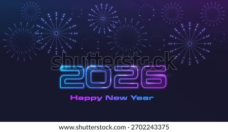 2026 Happy New Year digital tech glowing background. New Year Celebration futuristic neon design