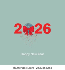 2026 happy New Year earth globe with ribbon and confetti’s, vector illustration