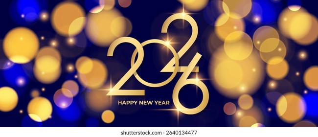 2026 Happy New Year festive banner. New Year's Eve. Bright blurred bokeh lights. Gold and blue colors. Vector illustration.