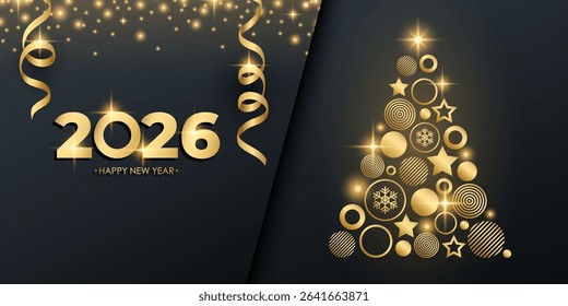 2026 Happy New Year festive banner with golden Christmas tree. Sparkles and ribbons. Black and gold colors. Vector illustration.