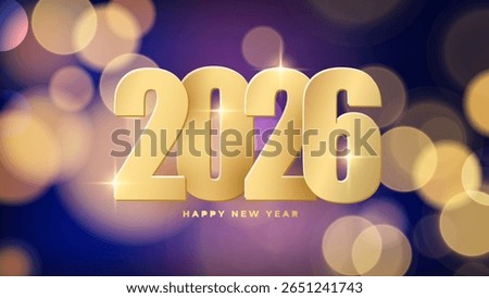 2026 Happy New Year festive banner. Gold color. New Year 2026 bright holiday background. Bokeh lights. Vector illustration.
