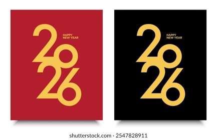 2026 Happy New Year gold logo text design on black background and red background. Vector Illustration.