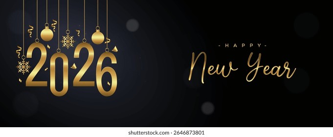 2026 Happy New Year gold text effect firework star confetti Background