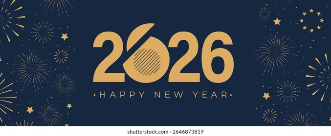 2026 Happy New Year gold text effect firework star confetti Background
