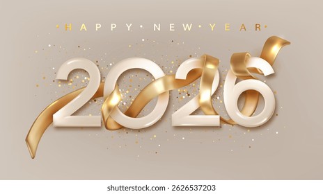 2026 Happy New Year with golden realistic 3d ribbon. Festive Christmas banner for holiday with realistic Golden 3d number 2026