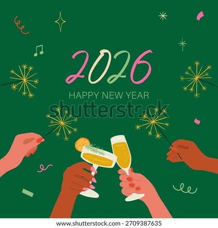 2026 happy new year green poster hand holding sparkler bengal fire and cocktail glass