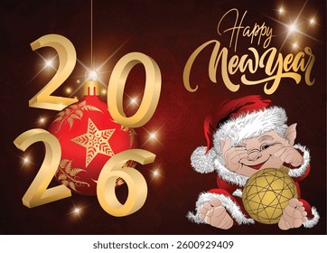 A 2026 Happy New Year greeting card with an adorable gnome holding a Christmas ornament, sparkling with golden glitter on a red backdrop.