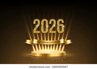 2026 Happy New Year greeting card. Holiday banner. Golden glitter number 2026 with congratulations ribbon is on podium with spotlights on dark background. Festive postcard. Vector illustration.
