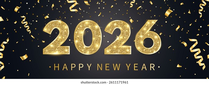 2026 Happy New Year greeting card. Glitter light numbers and golden festive confetti. Merry Christmas celebration border with star, tinsel. Congratulation gold party banner. Vector illustration.