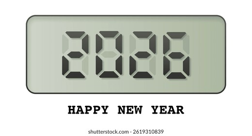 2026 Happy New Year greeting card. Holiday banner. Festive social media poster with digital number 2026 on led display and congratulations. Vintage vector illustration.