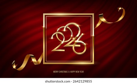 2026 Happy New Year greeting card vector illustration. Festive Christmas social media banner. Golden numbers and frame on luxurious red curtain background with festive ribbon and sparkles.
