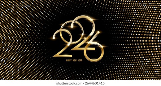 2026 Happy New Year greeting card vector illustration. Festive Christmas social media banner. Golden numbers 2026 on elegant halftone black background.