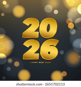 2026 Happy New Year greeting card. Gold color. New Year 2026 festive background. Bokeh lights. Vector illustration.