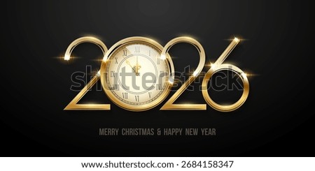 2026 Happy New Year greeting card vector illustration. Festive Christmas social media banner. 2026 clock countdown background with golden numbers, clock and congratulation text on black.