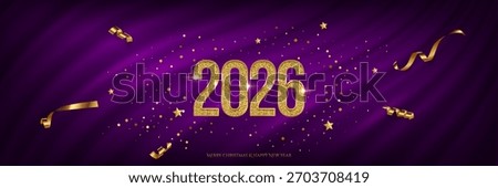 2026 Happy New Year greeting card vector background. 2026 golden numbers with confetti and congratulation text on purple curtain. Luxury festive sparkle postcard, invitation, banner for social media.