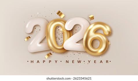 2026 Happy New Year. Holiday background with golden metallic 3d numbers 2026. Realistic festive poster or banner design
