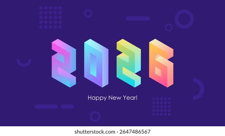 2026 Happy New Year isometric text design with trendy bright neon gradients for 2026 year holiday greetings and invitations. Vector illustration.