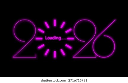 2026 Happy New Year loading bar. Purple light neon loading spinning icon. Digital clock. Computer network digits. Vector illustration Isolated graphic technology design on black background