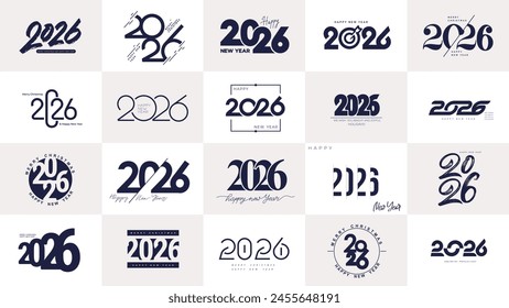 2026 Feliz Año Nuevo conjunto de diseño de texto de logotipo. Plantilla de diseño de números negros 2026. 2026 Feliz Año Nuevo símbolos de gran colección. Ilustración vectorial con etiquetas, logotipo aislado sobre fondo blanco.