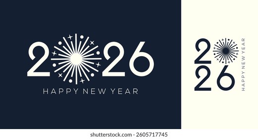 2026 Happy New Year logo design vector. white fireworks and trendy new year 2026 design template.